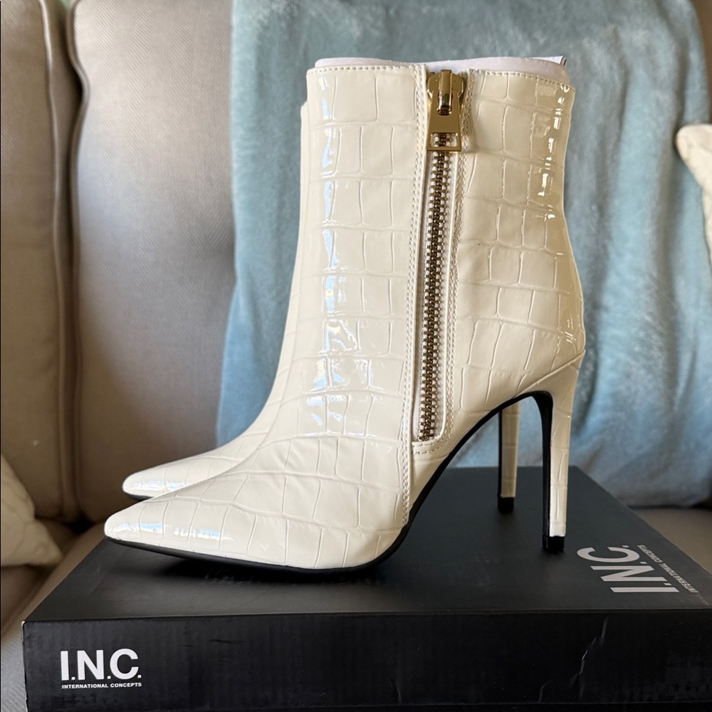 INC International Concepts Women’s Sarishaap Heel Boots-Cream White Colors